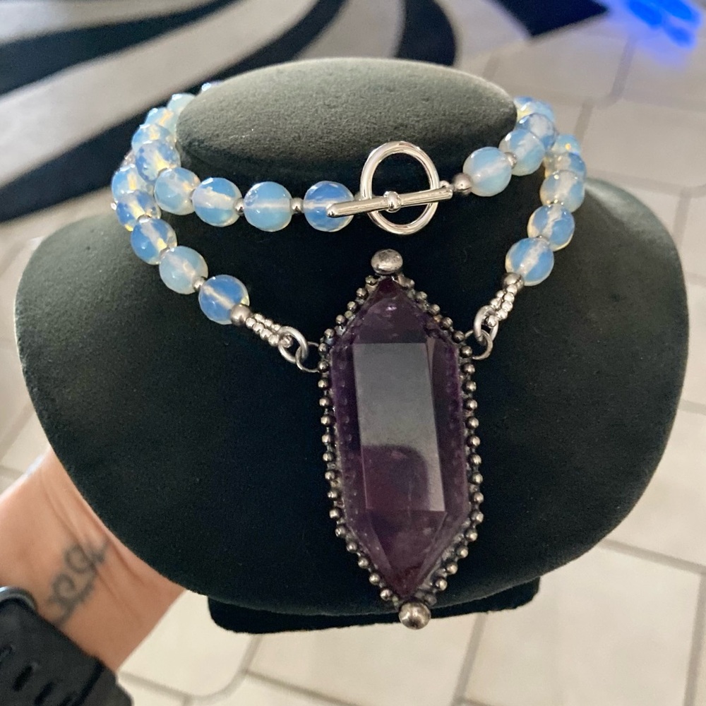 Amethyst , Herkimer diamonds crystal quartz & blue opalite beads boho necklace - Picture 4 of 16